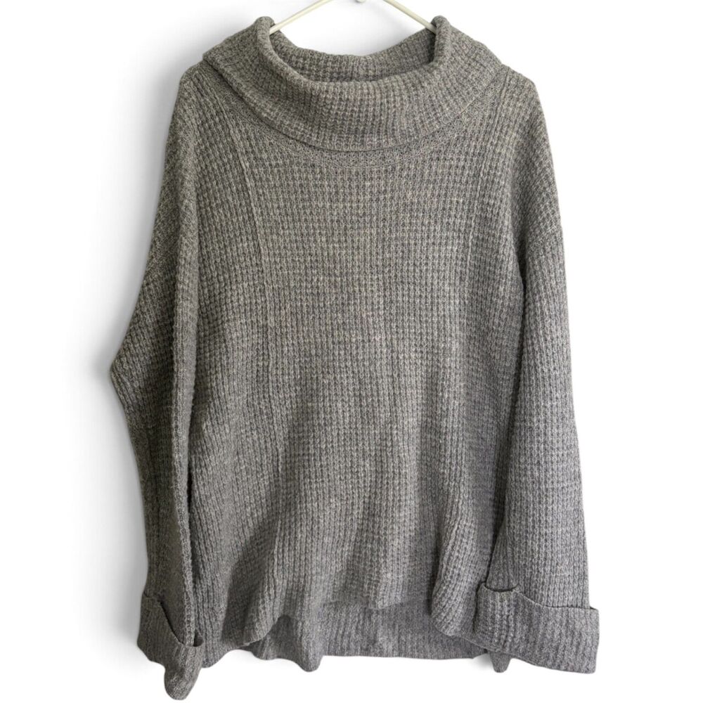 Free People Sidewinder Waffle Knit Cowl Neck Sweater Gray Medium Split Neck